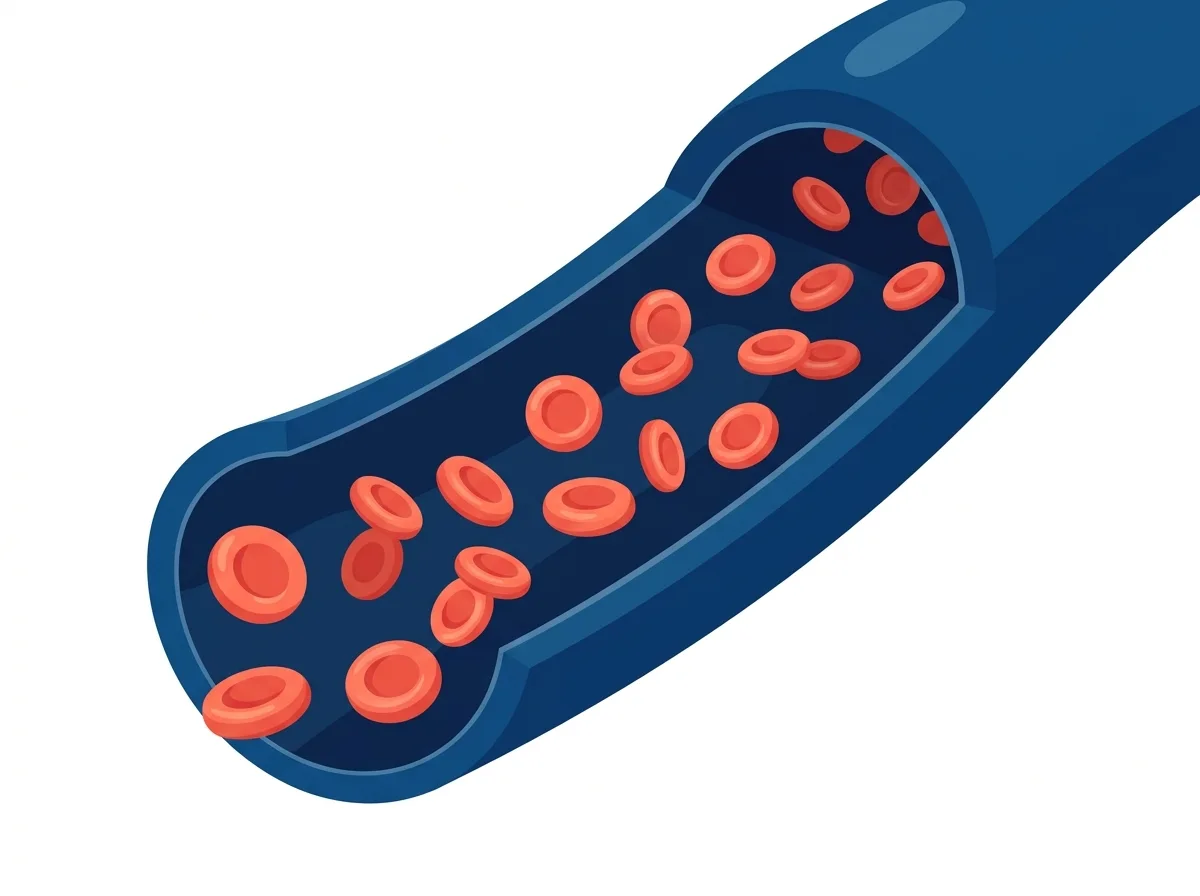 Educational illustration of a healthy blood vessel cross-section showing smooth walls and freely flowing blood cells