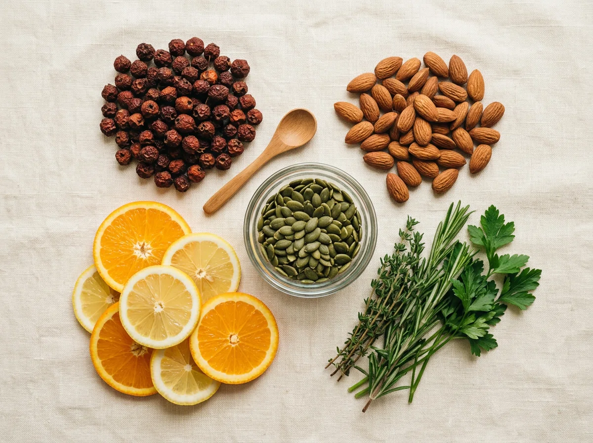 Natural supplement ingredients including hawthorn berries, almonds, citrus, and pumpkin seeds laid out on a cream linen surface