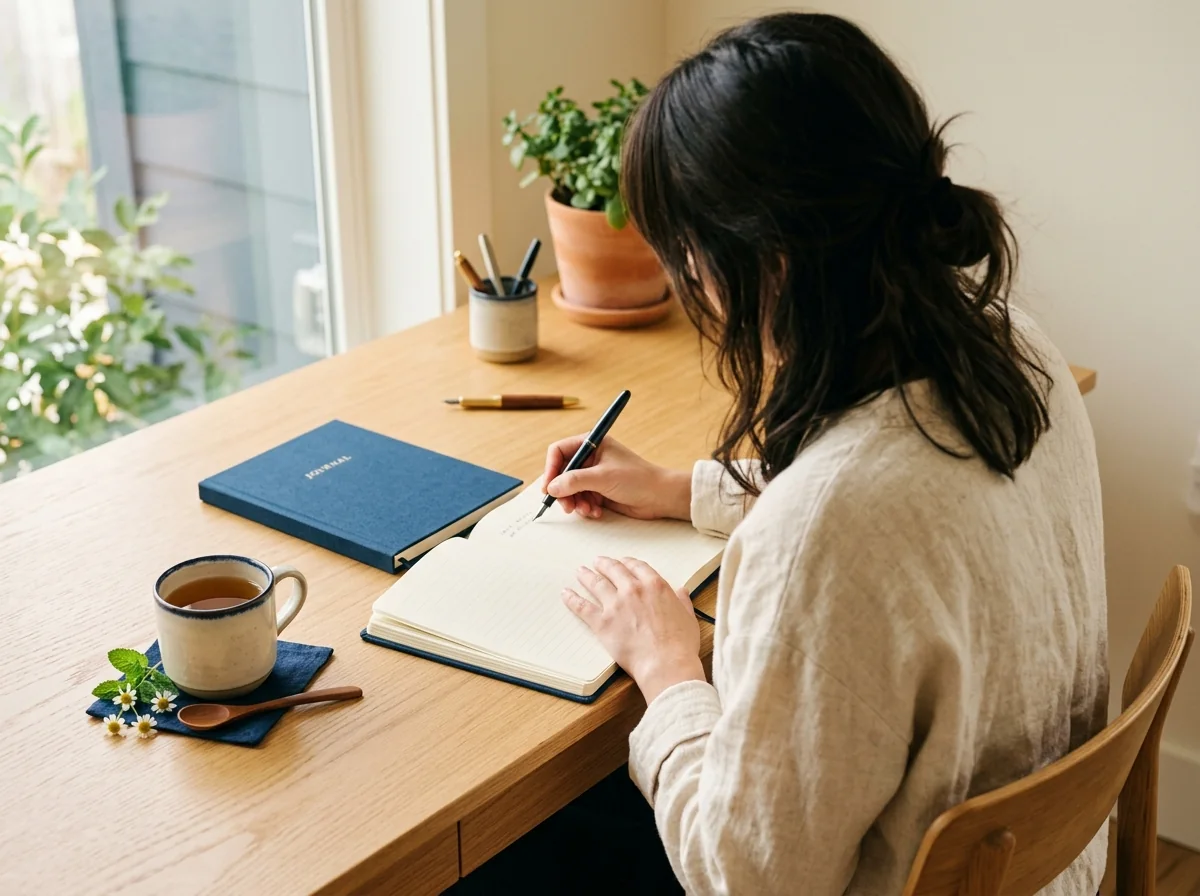 A person writing wellness notes in a journal at a bright wooden desk with herbal tea